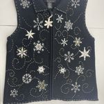 Vtg Size PM Petite Sweater Vest Snowflakes Full Zip Up Black Christmas Woman's Photo 5