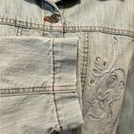 Chico's Chico’s Denim Stretch Jean Jacket Sz 1/M Embroidered Rhinestone Bling Button Up Photo 3
