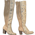 Pierre Dumas  Snakeskin Chunky Heeled Knee High Boots Taupe Suede 8.5 Wide Calf Photo 0