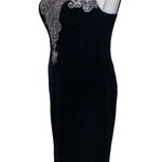 Vintage Dress 90s Midi Cocktail Floral Applique Black Velvet Slinky Party Dress Size M Photo 3