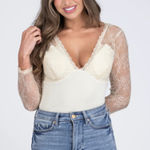 Heyson NEW w/ Tags Cream Ribbed Knit and Lace Deep V Photo 0