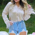 These Three Boutique Satin Feather Shirt Photo 0