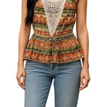 Weavers Boho Crochet Trim Printed Peplum Tube Top Rust Olive‎ Size XL NWT Photo 0