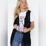 PPLA Clothing Black Boho Hippie Southwestern Flounder Fringe Crochet Vest Size M Photo 1