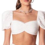 Edikted Crop Top Womens XS White Puffed Sleeve Crinkled Ruffled Photo 0