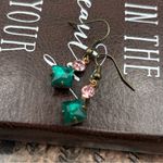 Vintage Emerald Green Pink Rhinestone Dangle Earrings Antique Copper Photo 2