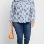 Lost Ink | Women’s Plus Size 4X Ruffled Floral Fruit Button Down Blouse Blue Photo 3