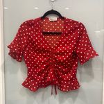 Goodnight Macaroon  Women's Short Sleeve Red White Polka Dot Blouse Tie Ruffle S Photo 0