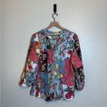 John Mark John‎ Mark 3/4 Sleeve Split V- Neck Floral Patchwork Bohemian Blouse Photo 1