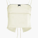 COMMENSE Cream Satin Cami Top Black Trim Open Tie Back Cropped Size M Size M Photo 0