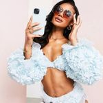 ASOS LUXE bardot sleeve 3D floral bikini in blue Photo 9