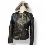 Stylish Black Faux Leather Moto Jacket with Gray Hood Faux Fur Lined Size Small Photo 2