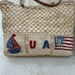 Patriotic Fourth Of July USA Flag Straw Tote Bag Leather‎ Handles Beach Coastal Tan Photo 1