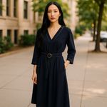 Gibson Latimer Gibson * Latimer Womens Dress Sz S Navy Blue Faux Wrap Belted 3/4 Sleeve New Photo 1