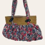 Pink Blue Gray Floral Roses Pleated Fabric Woven Straw Shoulder Bag Photo 2
