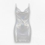 House of Harlow Iridescent Metal Mesh Disco Mini Dress Drape Neck Size Small NWT Silver Photo 0