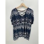 Westport  Top Women 2X Blue Printed  Scoop Neck Short Sleeve Stretch Shark Hem Photo 1
