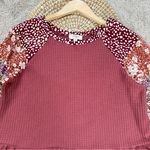 Umgee Women’s Waffle Knit Blouse Top Ruffle Mixed Media Print Multicolor Boho S Photo 2