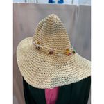 Womens Straw Sun Hat Wide Brim Beaded Band Beach Vacation One Size Tan Photo 2