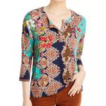 Johnny Was  Indi Flower Henley Tee Navy Brown Red Floral 95% Bamboo Boho Fall XS‎ Photo 10