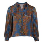 Skies Are Blue 💕💕Long-Sleeve Button-Down Blouse ~ Teal Mustard Print  NWT Photo 4