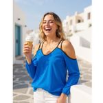 1. State  Cold Shoulder Crepe Game On Blouse Electric Sky Size XS Photo 1