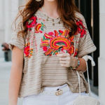Free People  Catalunya Striped Embroidered T-Shirt - Mushroom Photo 0