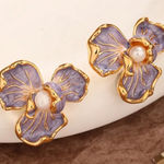 Golden Enamel Pearl Flower Earrings | French Vacation Style | NWT Gold Photo 0