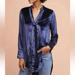 Maeve Anthropologie  Tie Neck Crushed Velvet Navy Blue Blouse High Low Photo 3
