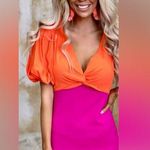 Orange & Magenta Colorblock Puff Sleeve Knot Front Pencil Skirt Bodycon Dress S Photo 0