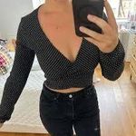 Brandy Melville Vintage Black Polka Dot Tie-Front Long-Sleeve Top Photo 2