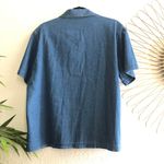 1990s Blue denim button up down shirt blouse floral pattern, short sleeve, front pocket Photo 1