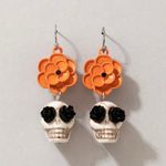 Skull Orange Flower Black Rose Eyes Drop Dangle Halloween Earrings‎ Faux Fashion Photo 8