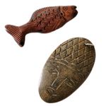 None Vintage Wooden Tribal Head Fish Necklace Earring Pendants Set of 2 Photo 0