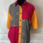 VTG MADE IN USA PATCHWORK HOUNDSTOOTH JEWEL PRINT BUTTON UP Yellow Size M Photo 0