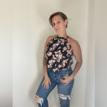 SheIn Floral Sleeveless Blouse Pink Flowers Black Medium Keyhole Back Tie Photo 1