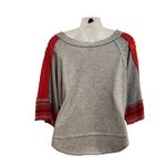 We The Free  People Gray Red Knitted V-Neck Bubble Tee Textured Raw Hem Small Photo 1