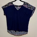 Pixley Aztec Patterned V Neck Short Sleeve Top | Shirt Blue Photo 0