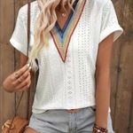 Rainbow Crochet Lace V Neck White Eyelet Boho Short Sleeve Shirt M L XL NWT Size undefined Photo 3