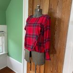Kensie   Long Bell Sleeve Red Shoulder Ruffle Plaid Blouse Women’s Size Medium Photo 3
