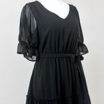 Versona Black Sheer Tiered Puff Short-Sleeve V-Neck Bow Midi Dress Extra Small Photo 2