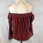 The Cove  burgundy scallop embroidered long sleeve off shoulder top size small Photo 2