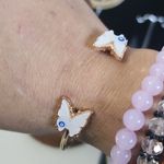 Gold Cuff Bracelet & Huggie Earrings Evil Eye Butterfly Set Photo 5