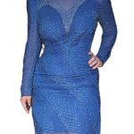 Vintage Silk Beaded Long Sleeve Cocktail Dress Shoulder Pads Illusion Neckline Blue Size M Photo 1