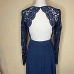 Lulus  Navy Blue Lace Long Sleeve Scallop Maxi Dress Open Back Formal Gown XS Photo 4