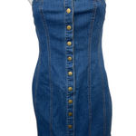 Know One Cares NEW  Denim Strapless Bandeau Button Down Mini Bodycon Tube Dress L Photo 0