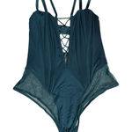 Victoria's Secret  Corset Bodysuit L Satin Sheer Mesh Green Plunge V-neck‎ Lace Up Photo 0