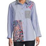 Mystree  Blue Striped Floral Embroidered Button Down Shirt M Photo 0