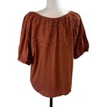 Loft Womens Eyelet Top Blouse Puff Sleeve Shirt Boat Neck Cotton Rust Petite MP Photo 2