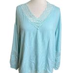 Soft Surroundings Top Womens Medium Mint Blue V Neck Lace Trim Long Sleeve Photo 0